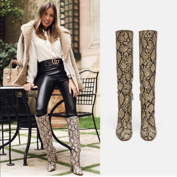 zara heeled snakeskin print boots